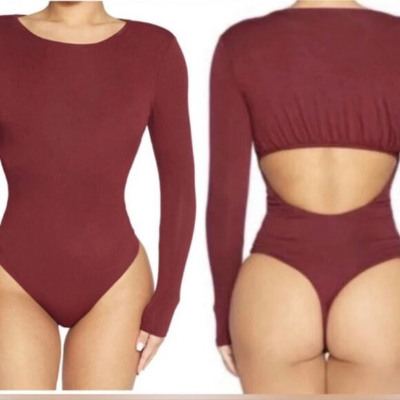 Naked Wardrobe NEW Maroon Red Long Sleeve Cheeky Cutout Stretchy Bodysuit Small - Picture 1 of 8